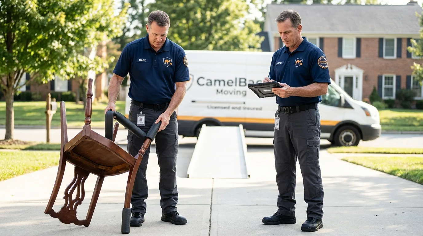 Movers inspecting furniture for damage prevention before loading in Nolensville, TN