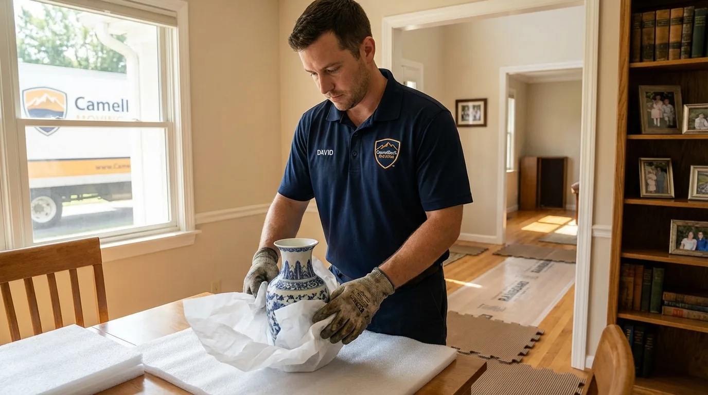 Professional crew carefully wrapping antique vase for senior downsizing move in Nolensville, TN